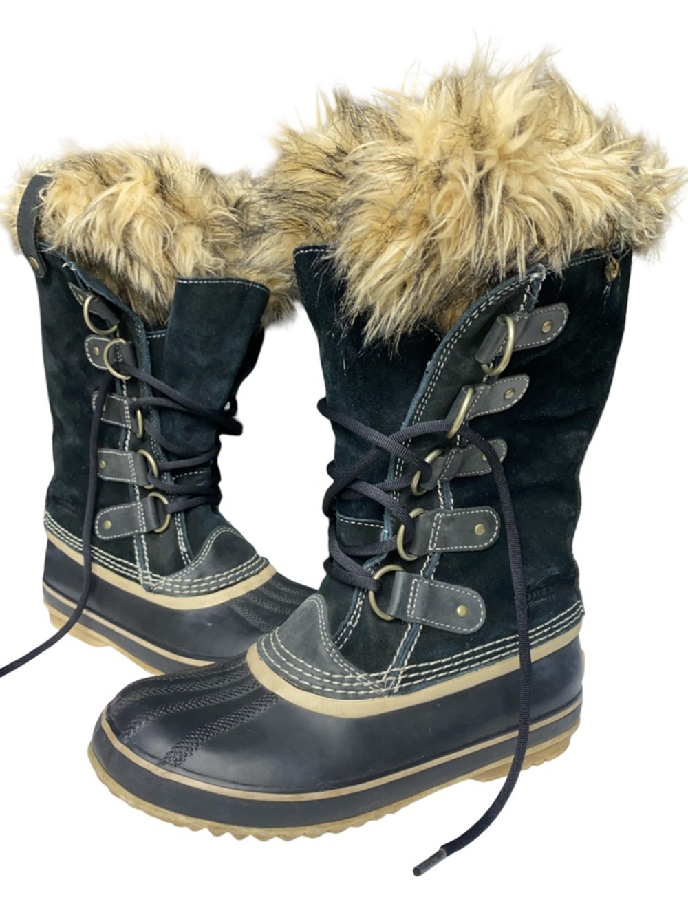 Sorel Joan of Arctic Waterproof Fur Trim Boots Womens 7 Black Winter Snow NL1540